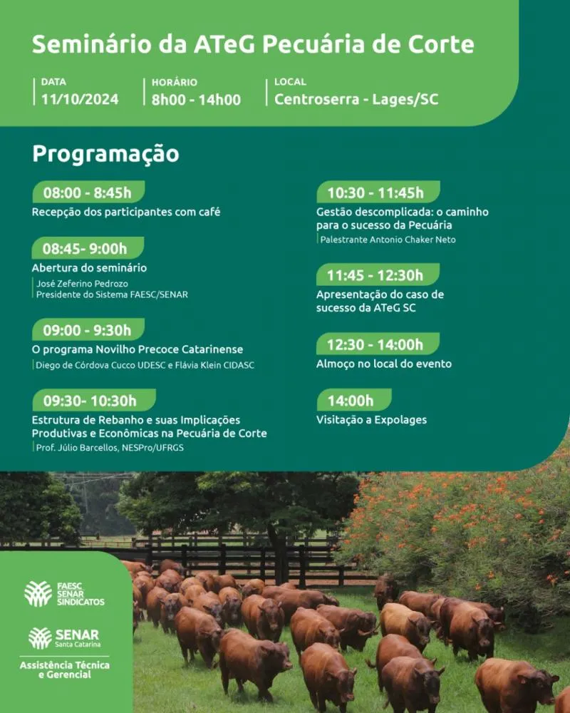 NESTA SEXTA-FEIRA, DIA 11 Sistema Faesc/Senar promove Seminário para produtores da ATeG Pecuária de Corte em Lages
